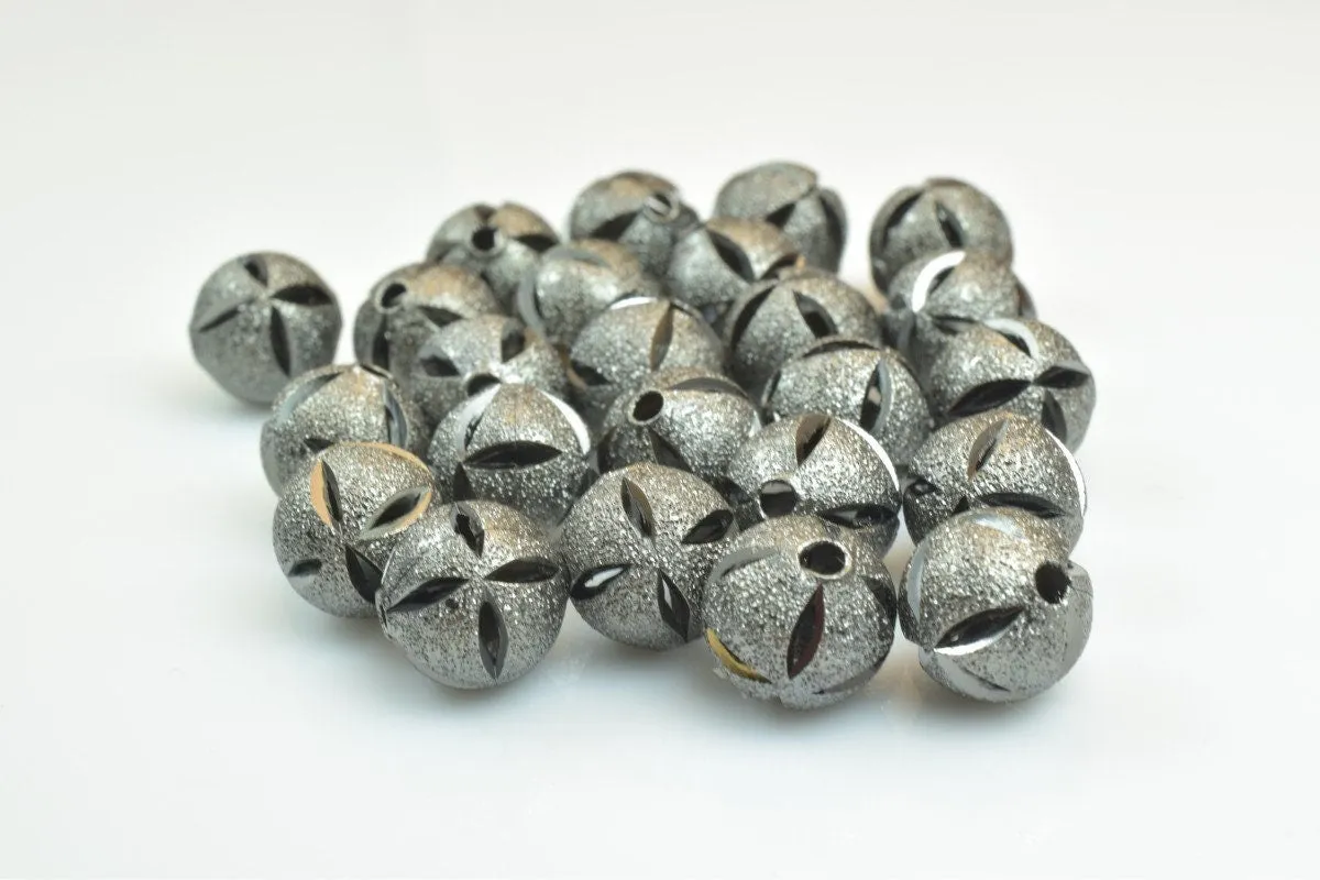 100 PCs Gun Metal Plated Black Carved Round Beads 6mm/8mm/10mm Diamond Cut For Jewelry Making