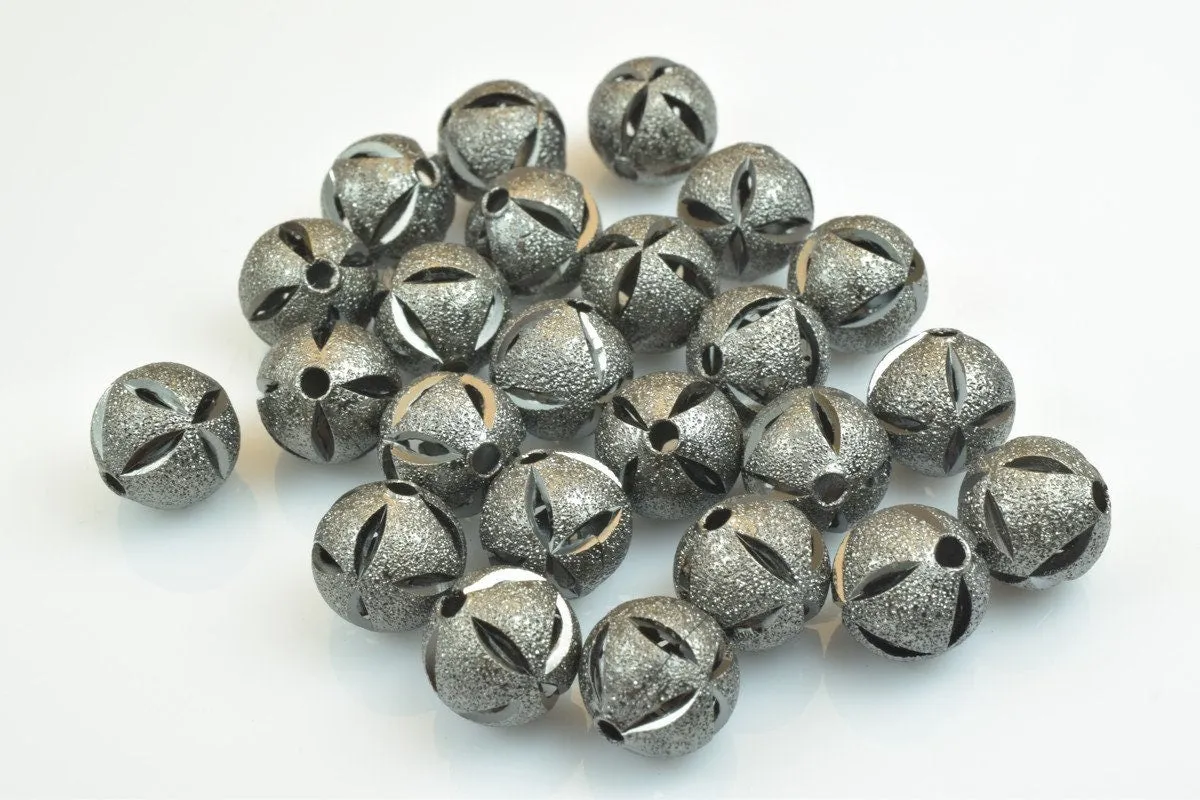 100 PCs Gun Metal Plated Black Carved Round Beads 6mm/8mm/10mm Diamond Cut For Jewelry Making