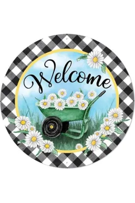 12" Metal Sign: Welcome Wheelbarrow