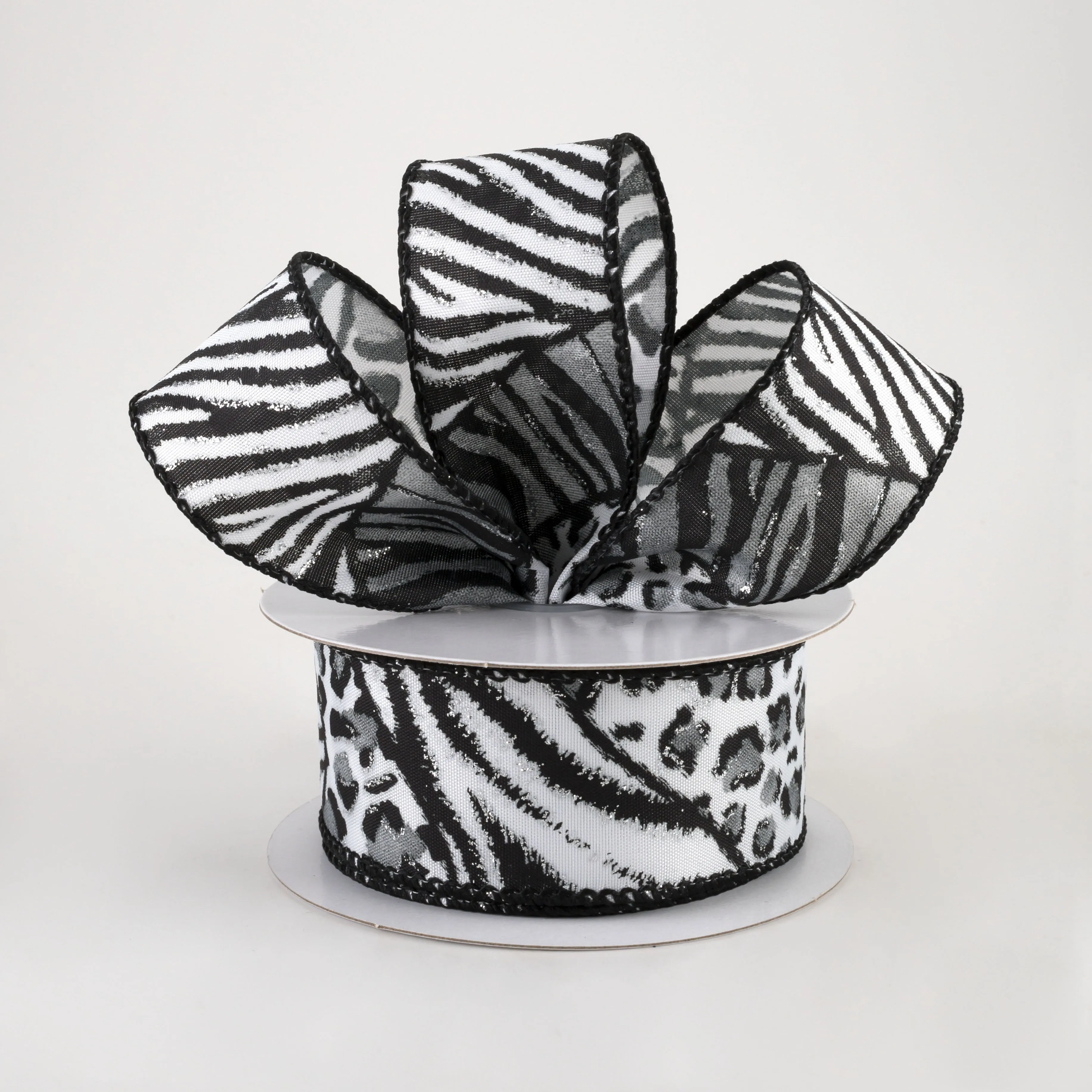 1.5" Animal Print Mania Ribbon: White, Black, Silver (10 Yards)