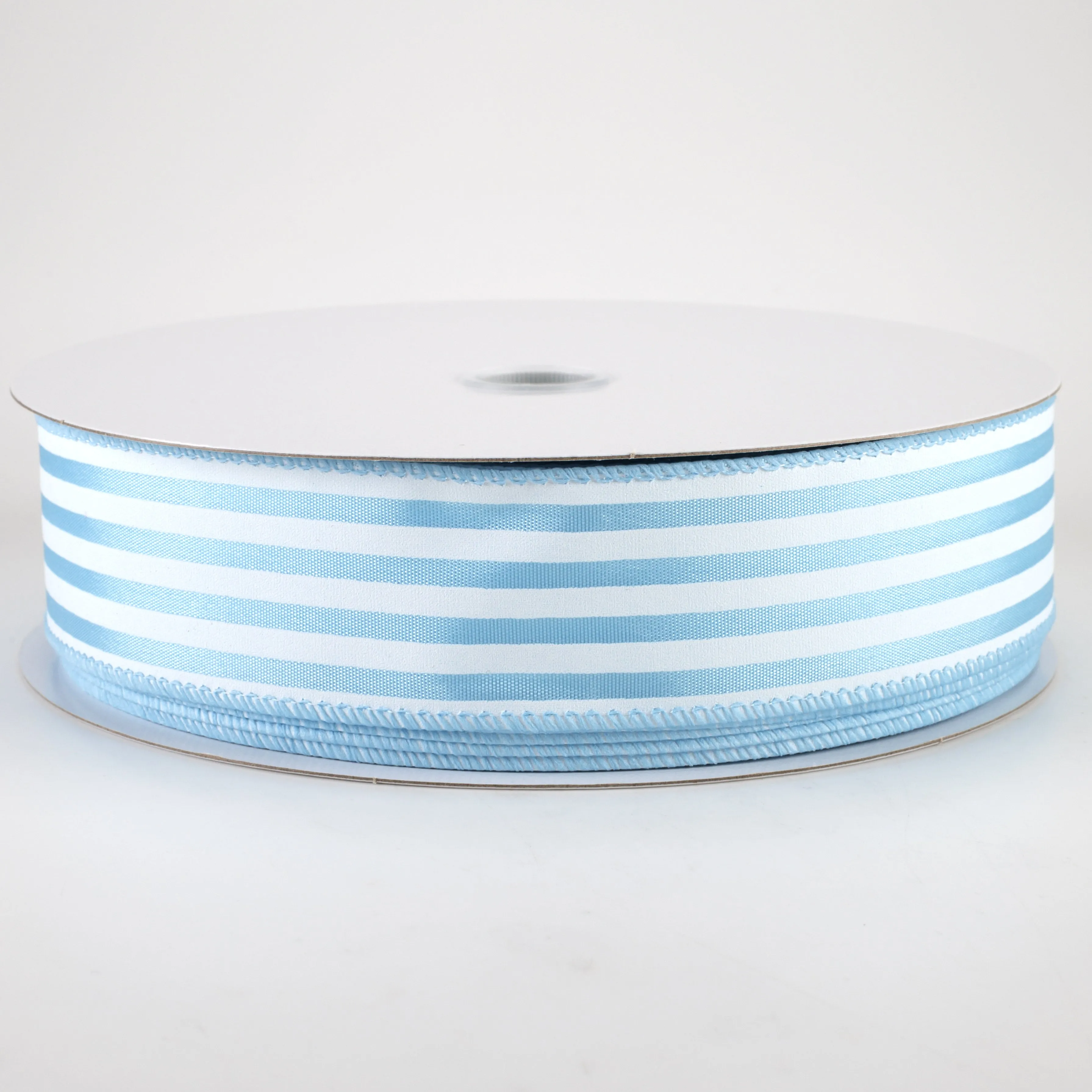 1.5" Cabana Stripes Ribbon: White on Light Blue Satin (50 Yards)