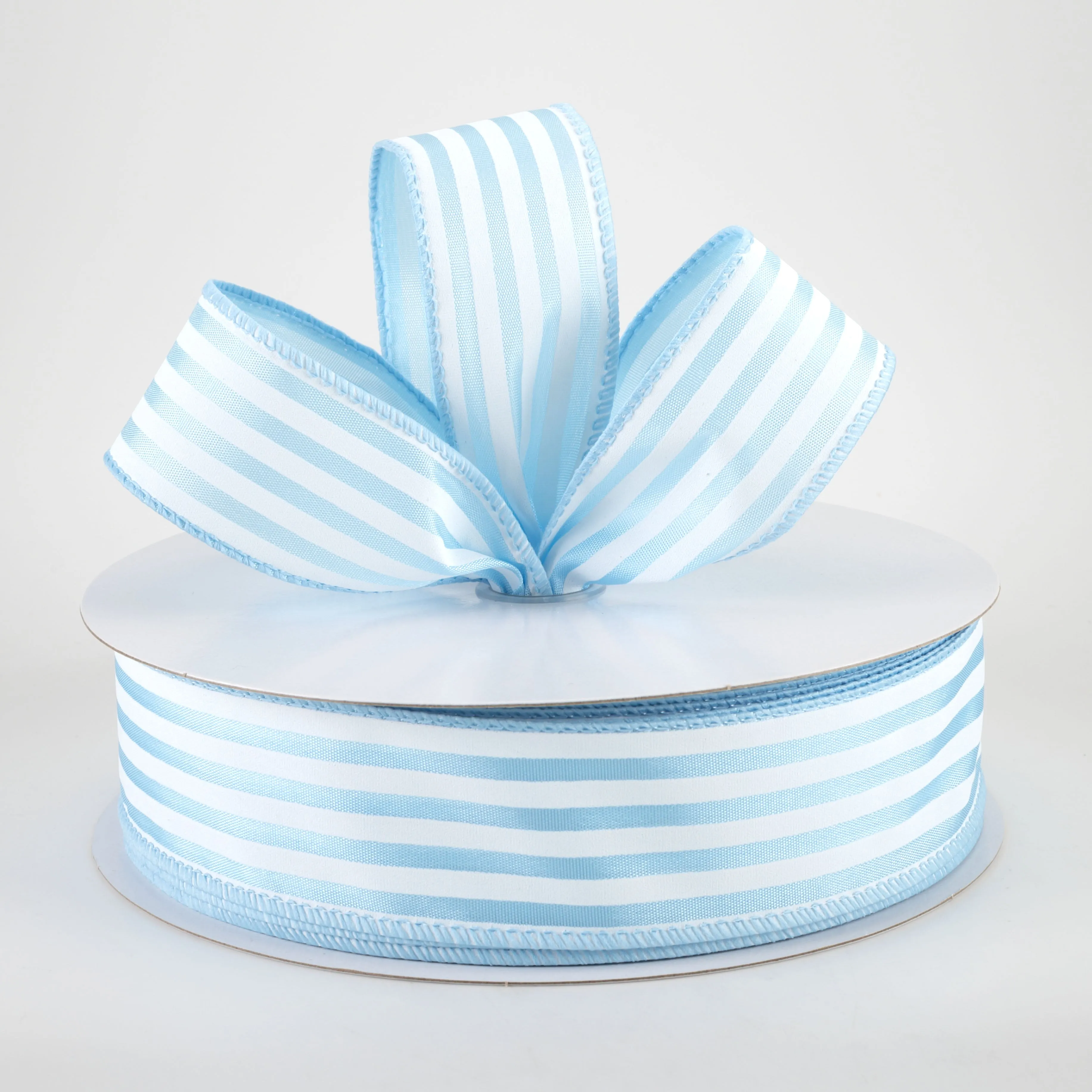 1.5" Cabana Stripes Ribbon: White on Light Blue Satin (50 Yards)