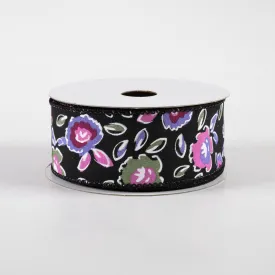 1.5" Electric Flowers Satin Ribbon: Black, Sage, Purple, Pink (10 Yards)