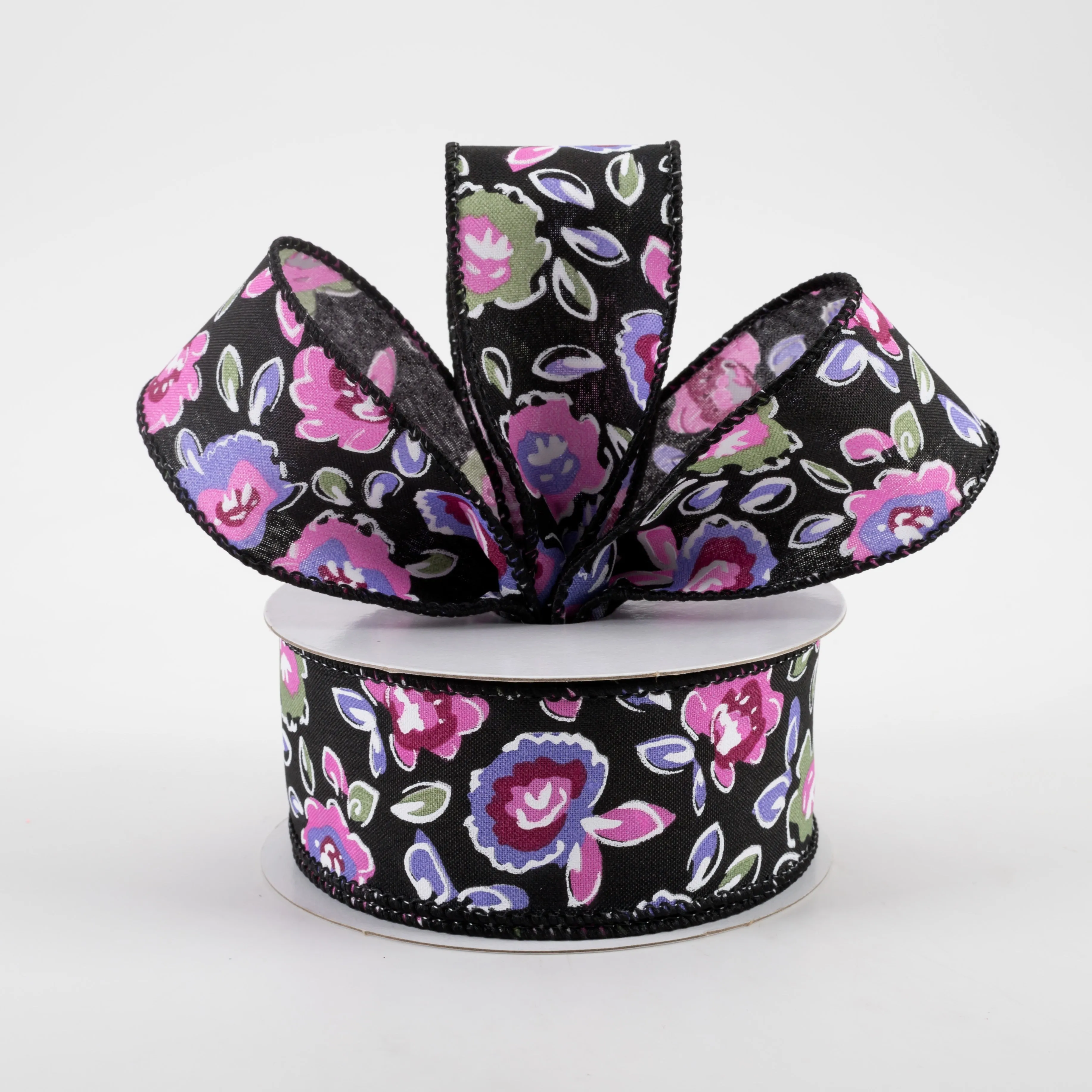 1.5" Electric Flowers Satin Ribbon: Black, Sage, Purple, Pink (10 Yards)