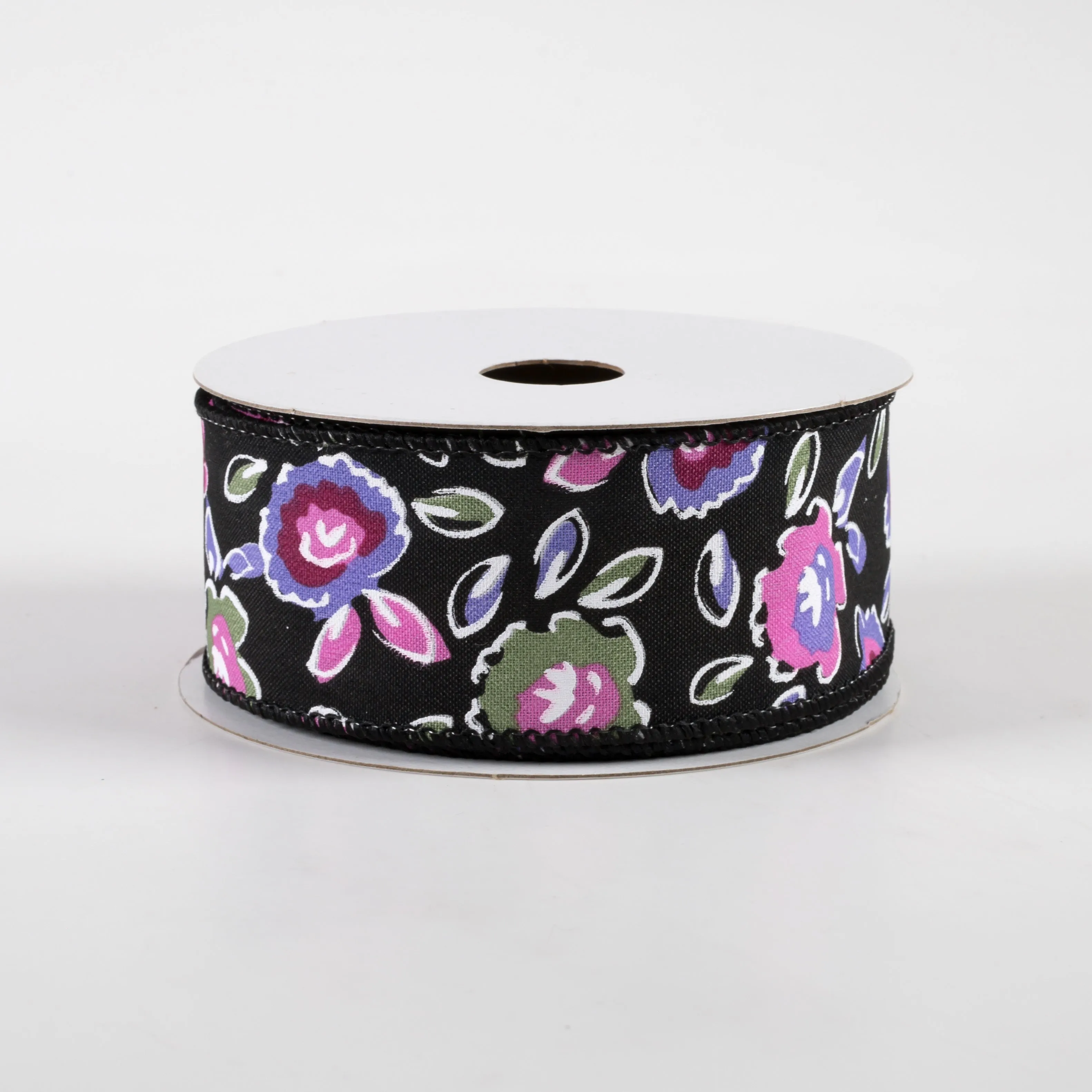 1.5" Electric Flowers Satin Ribbon: Black, Sage, Purple, Pink (10 Yards)