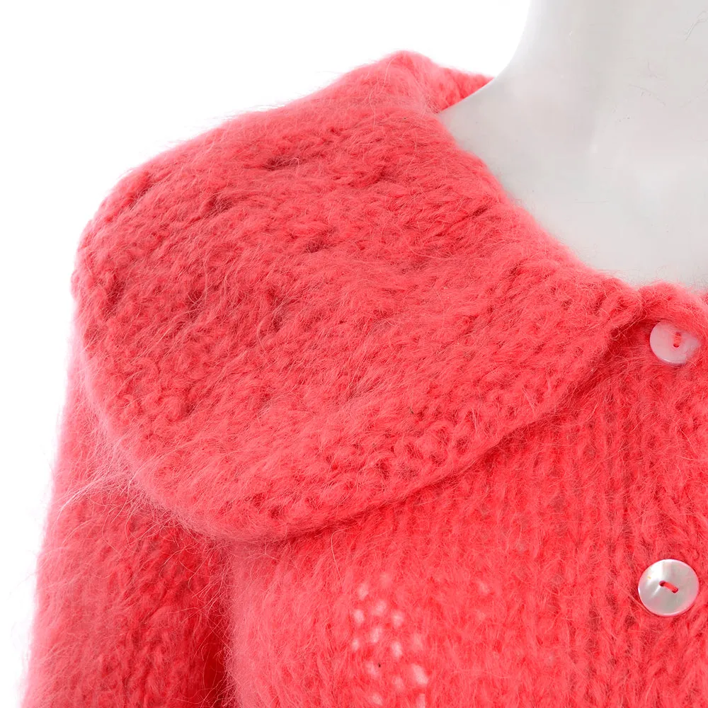 1960s Famelia Italian Pink Mohair Cardigan w/ Oversized Collar