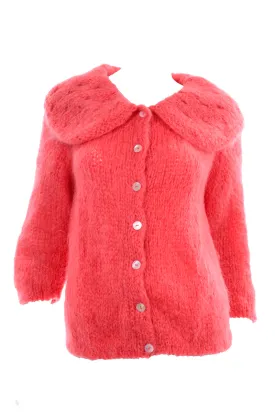 1960s Famelia Italian Pink Mohair Cardigan w/ Oversized Collar