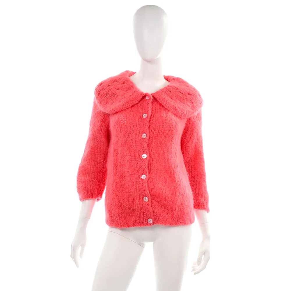 1960s Famelia Italian Pink Mohair Cardigan w/ Oversized Collar