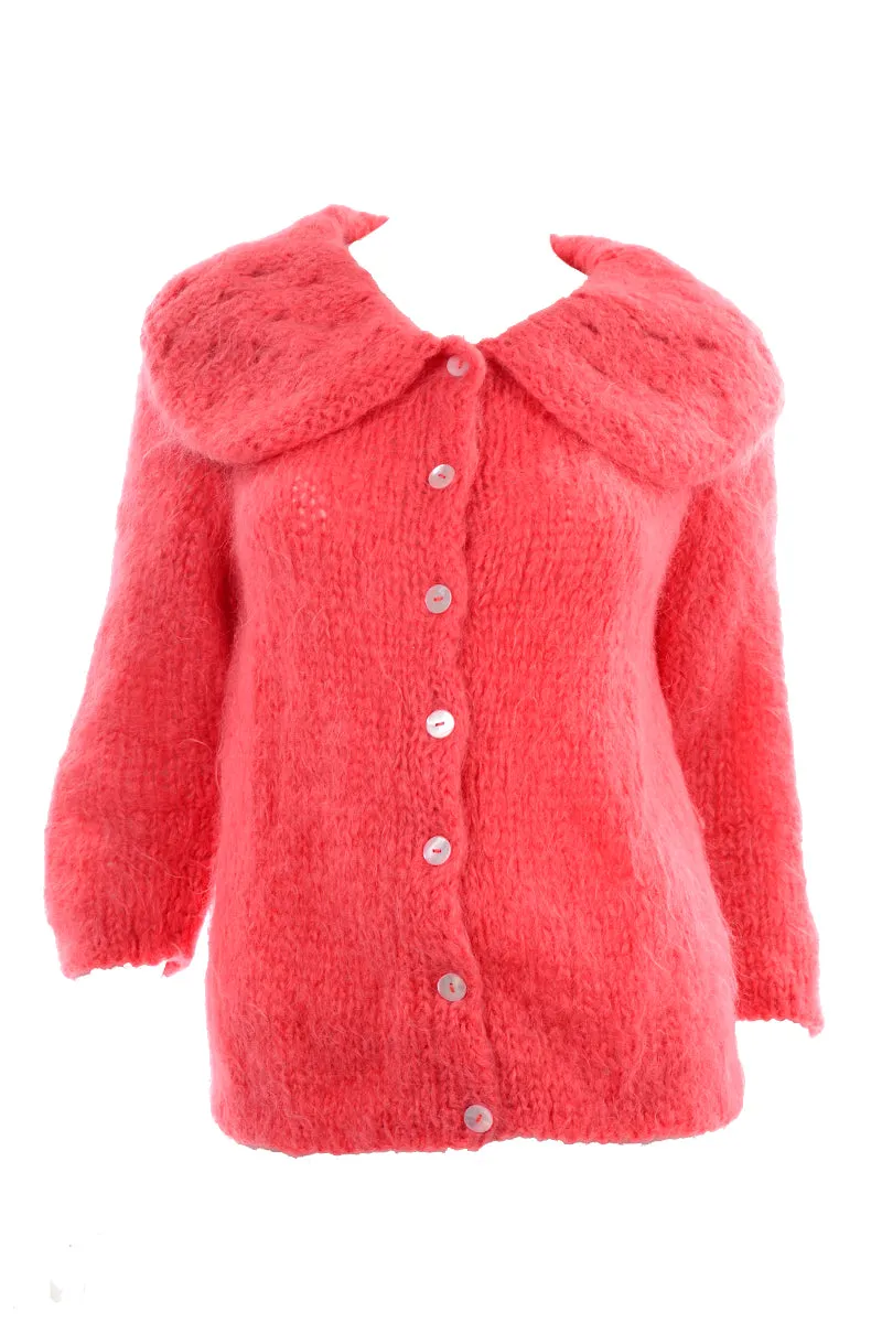 1960s Famelia Italian Pink Mohair Cardigan w/ Oversized Collar