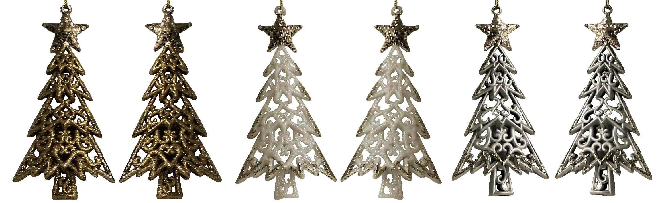 2-Pack of Shatterproof Glitter Tree Shaped Ornaments (Gold/White/Silver)