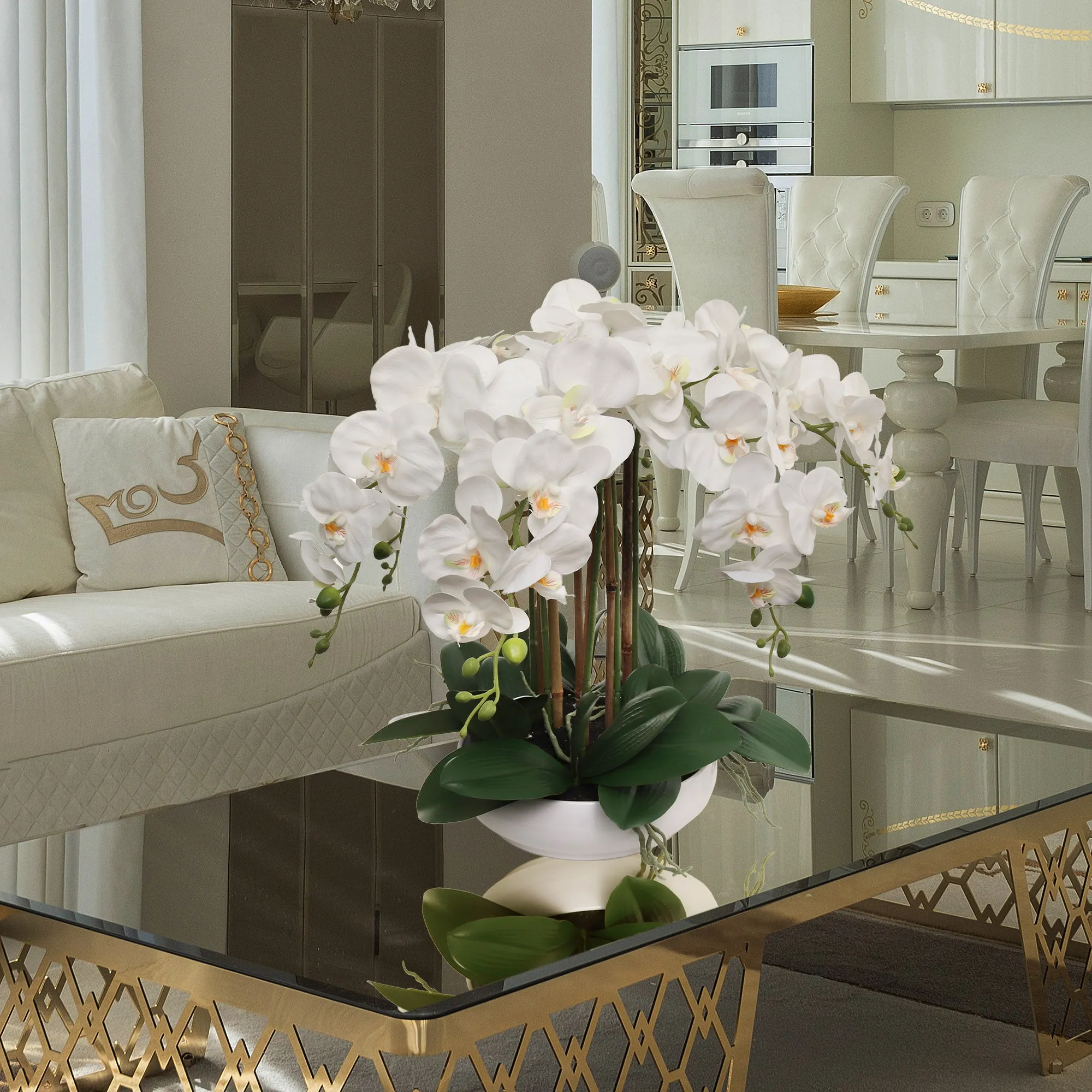 20" White Phalaenopsis Orchid Flowers in 10" Round White Pot