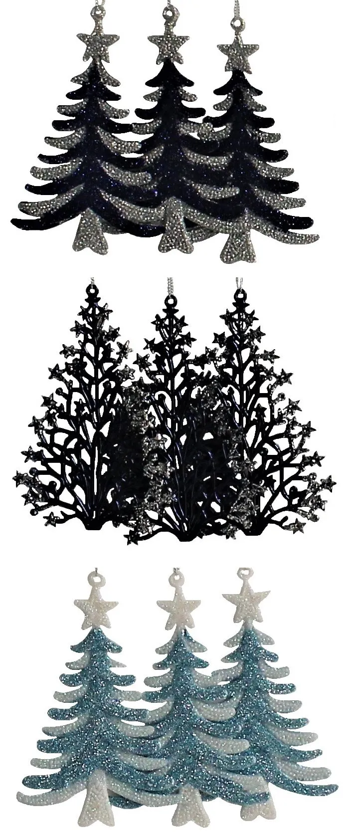 3-Pack of Blue Glitter Tree Shaped Ornaments