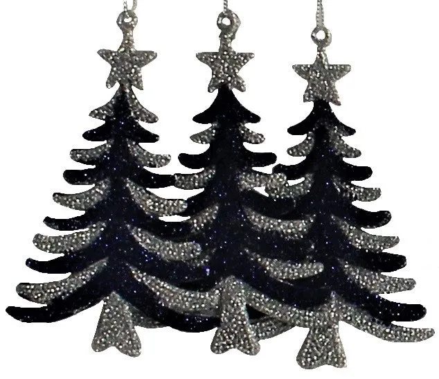 3-Pack of Blue Glitter Tree Shaped Ornaments