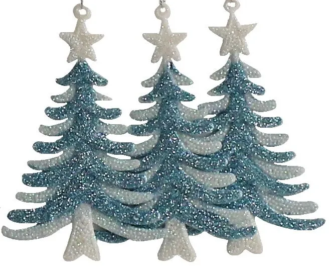 3-Pack of Blue Glitter Tree Shaped Ornaments