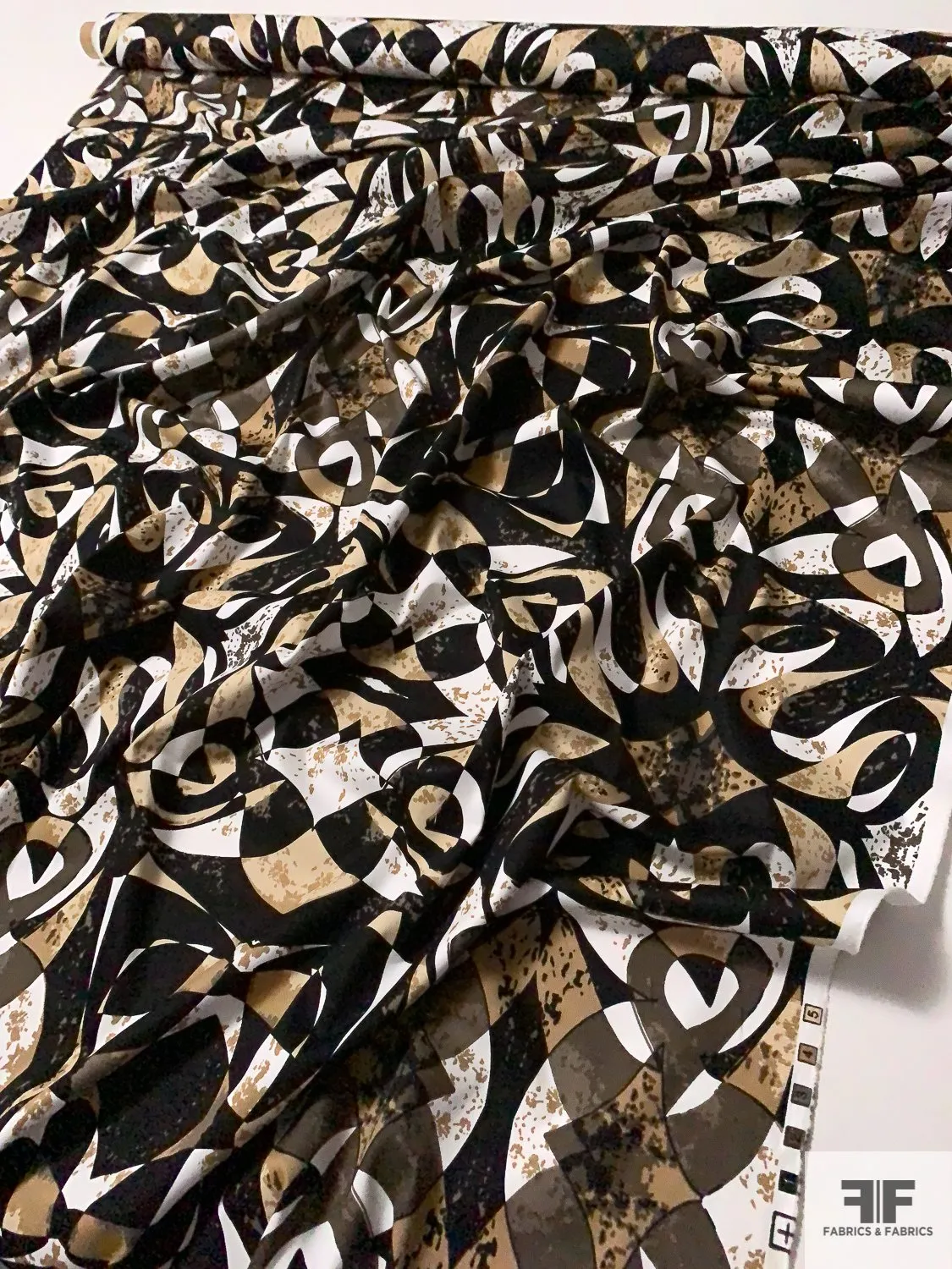 Abstract Printed Stretch Cotton Twill - Tan / Beige / Black / White