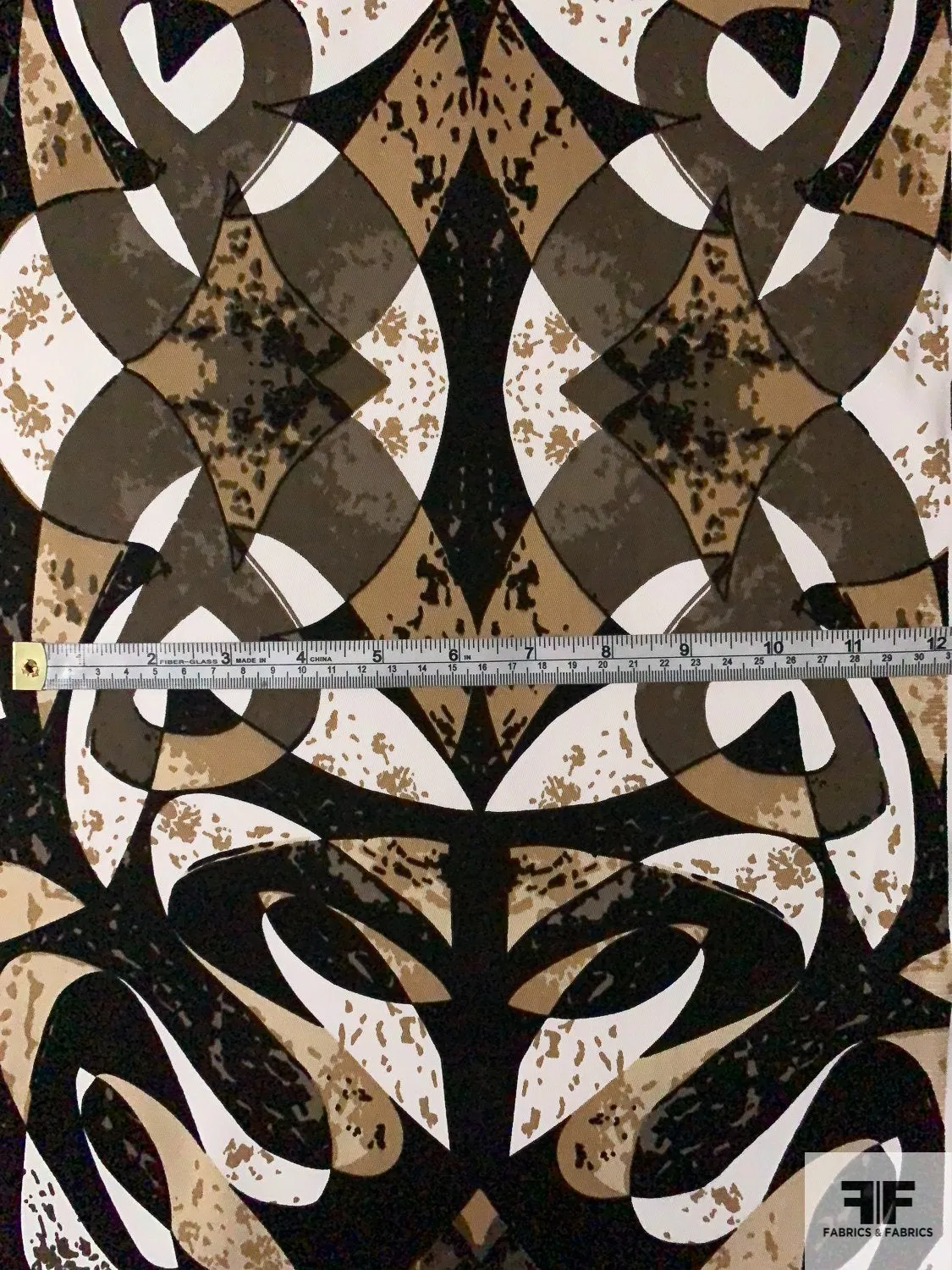 Abstract Printed Stretch Cotton Twill - Tan / Beige / Black / White