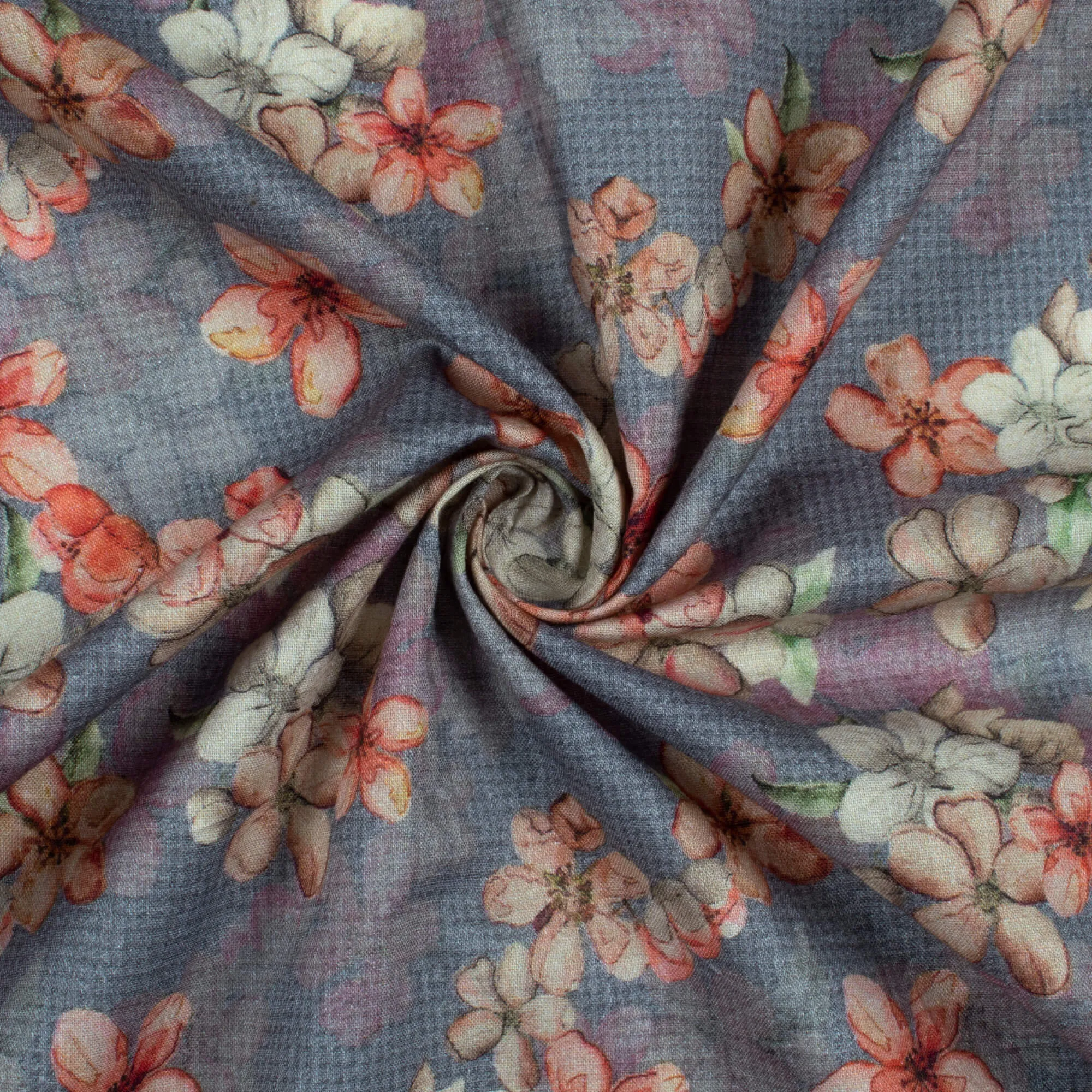 Air Force Blue And Cherry Red Floral  Pattern Digital Print Cotton Cambric Fabric