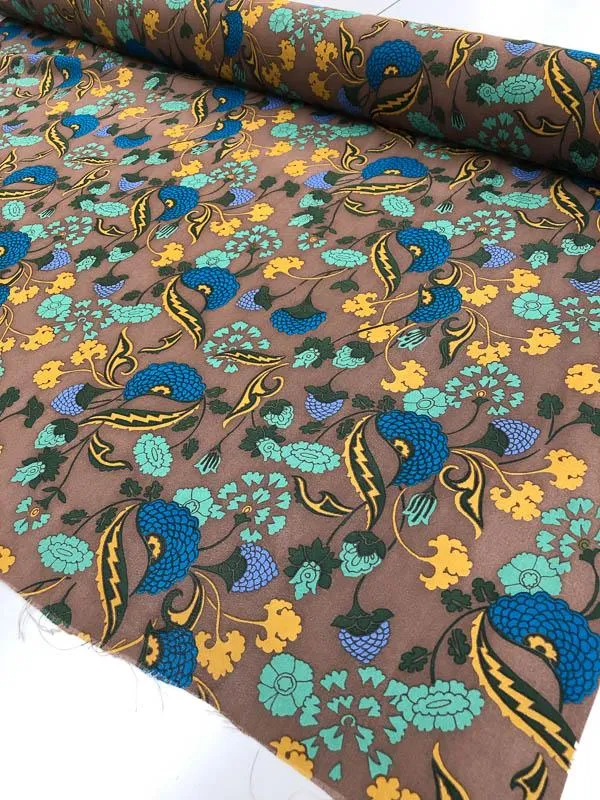 Anna Sui Vintage Floral Rayon Georgette - Brown / Blue / Mustard