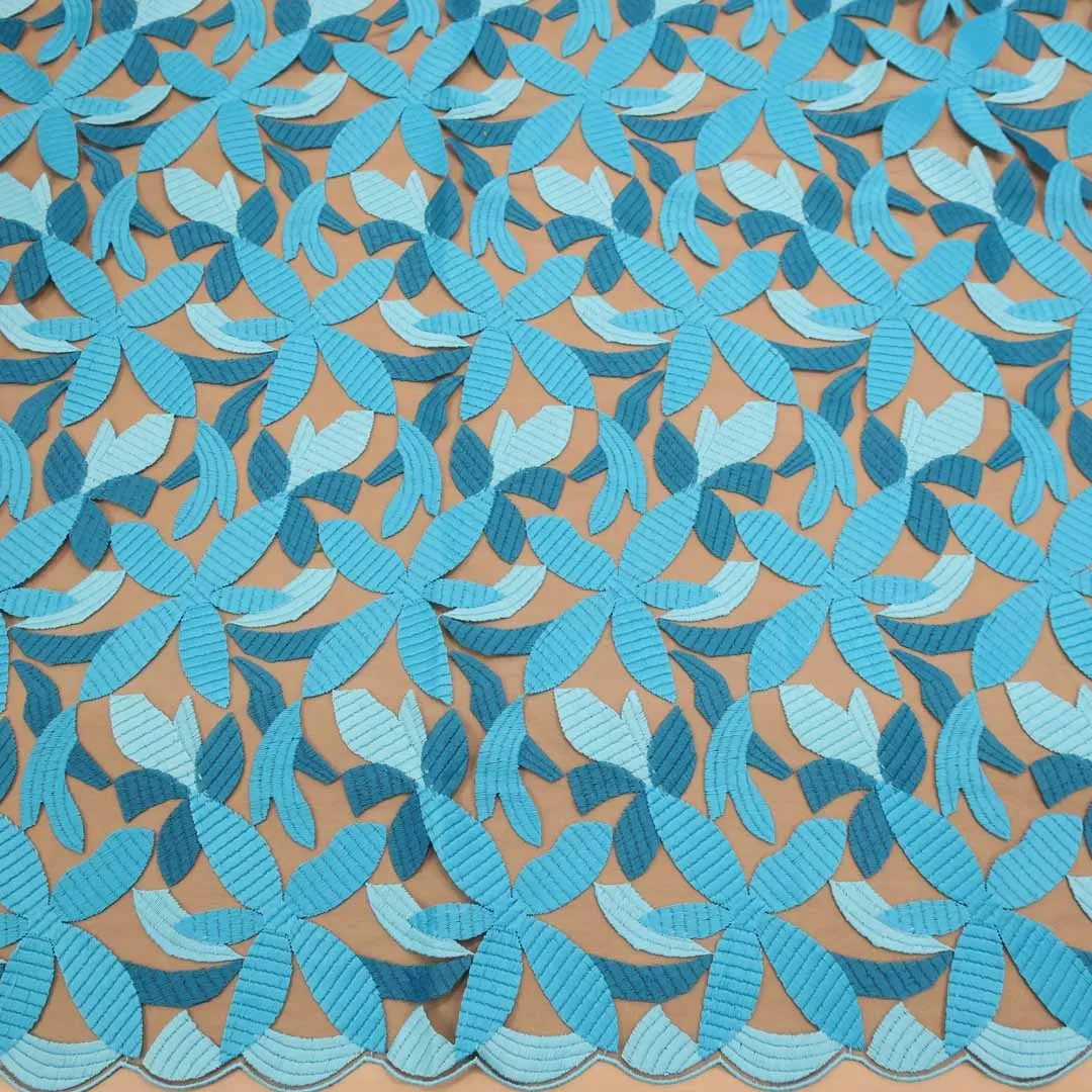 Aqua Abstract Embroidered Tulle Fabric