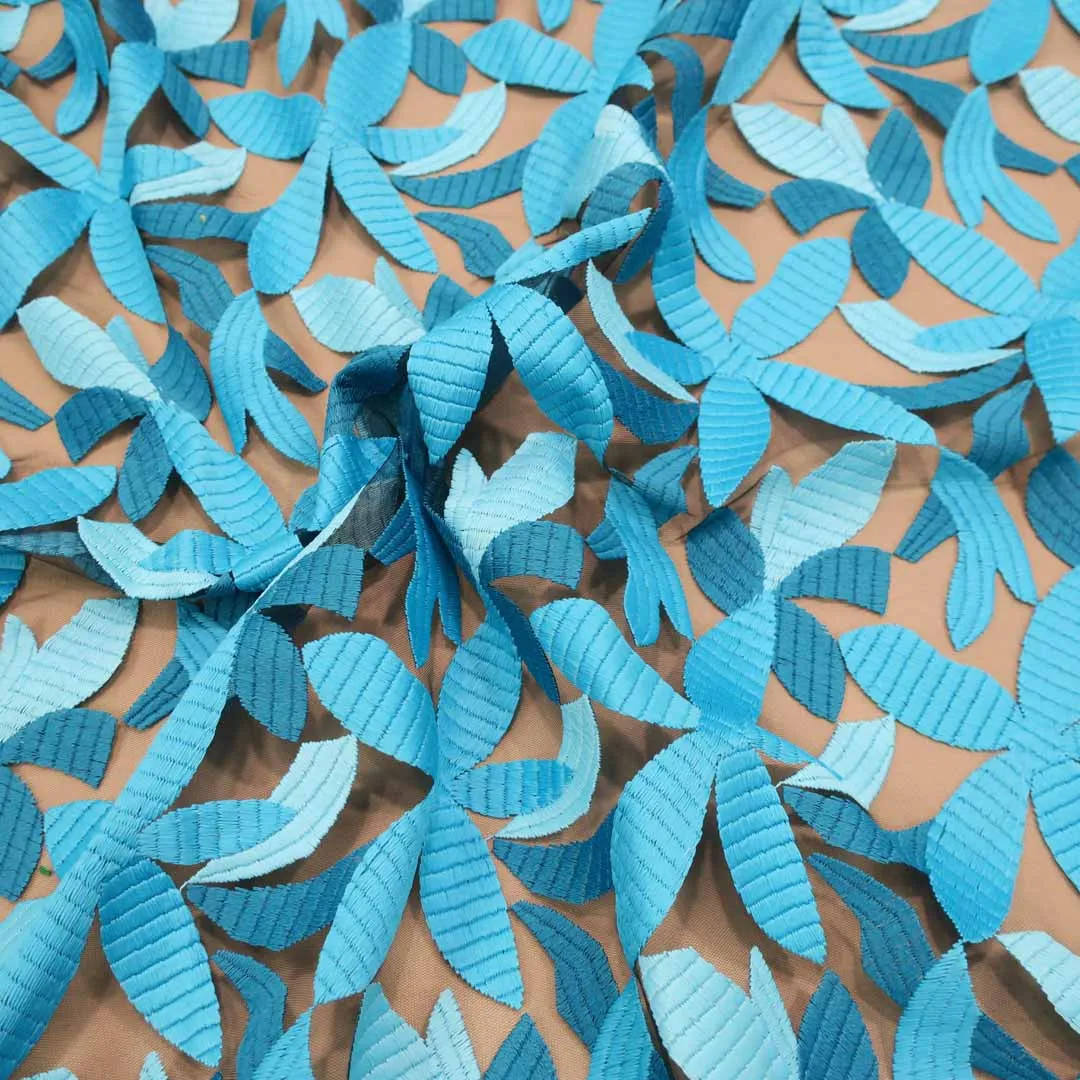 Aqua Abstract Embroidered Tulle Fabric