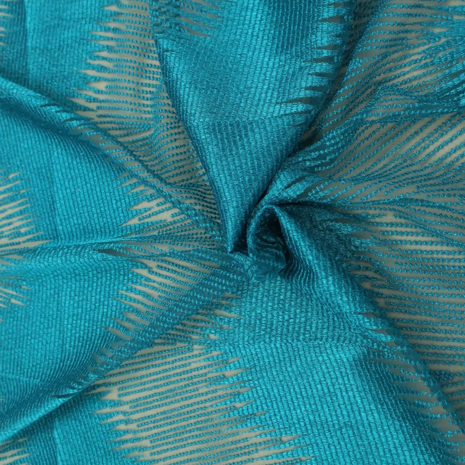 Aqua Abstract Embroidered Tulle Fabric