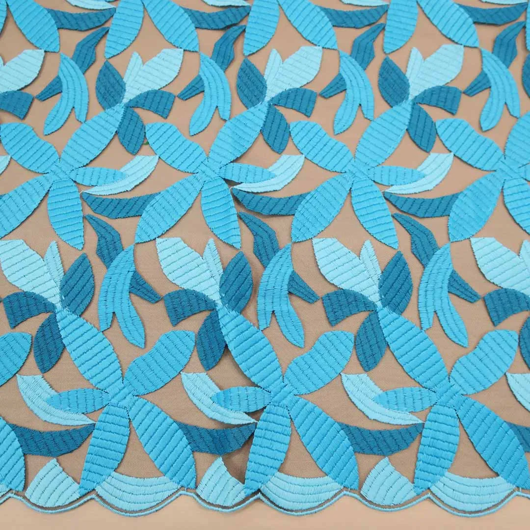 Aqua Abstract Embroidered Tulle Fabric