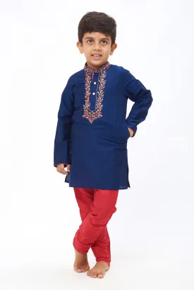 ASU. Boys Navy Blue and Red Embroidered Kurta with Pants Set - Festive Ethnic Attire for Kids