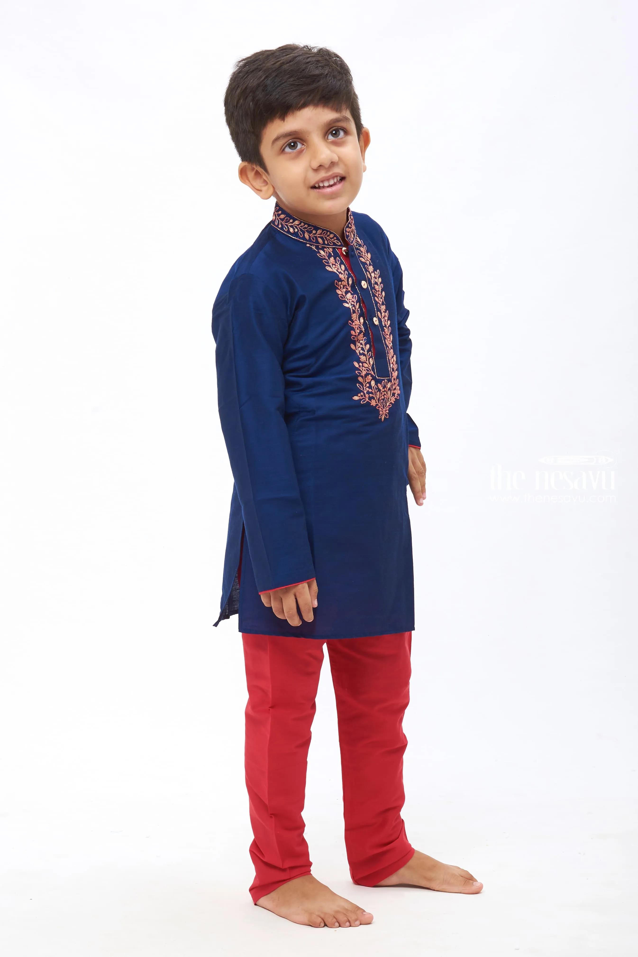 ASU. Boys Navy Blue and Red Embroidered Kurta with Pants Set - Festive Ethnic Attire for Kids