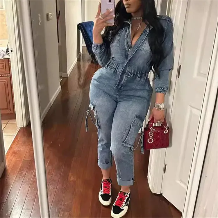 Autumn Fashion Stretch Pocket Wash Denim Jumpsuit Long Sleeve Zip Up Jeans Romper