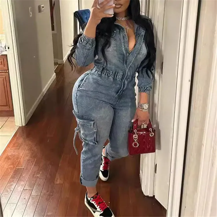 Autumn Fashion Stretch Pocket Wash Denim Jumpsuit Long Sleeve Zip Up Jeans Romper