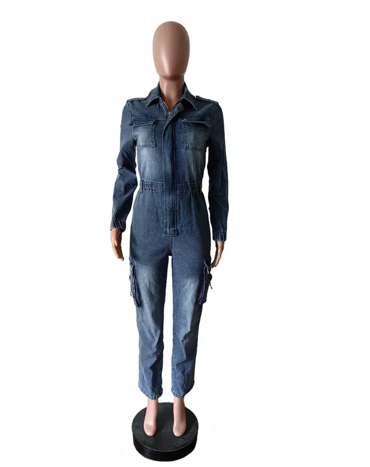 Autumn Fashion Stretch Pocket Wash Denim Jumpsuit Long Sleeve Zip Up Jeans Romper