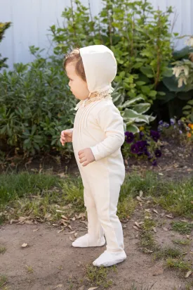 Bee & Dee Snow White Velour Eyelet Collar Footie with Bonnet