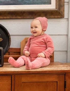 Bee and Dee Clay Pink Velour Knit Collar Footie and Bonnet