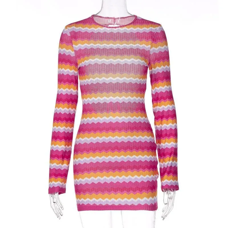 BerryBetty - Backless self tie contrast striped long sleeve crewneck mini dress