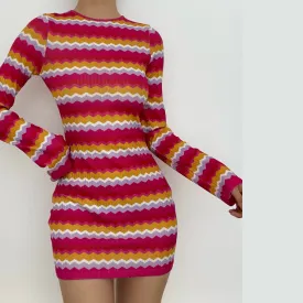 BerryBetty - Backless self tie contrast striped long sleeve crewneck mini dress