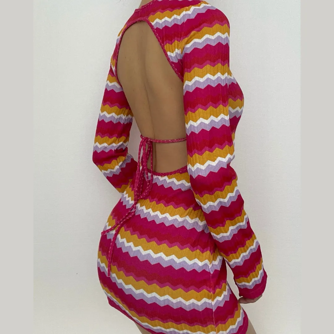 BerryBetty - Backless self tie contrast striped long sleeve crewneck mini dress