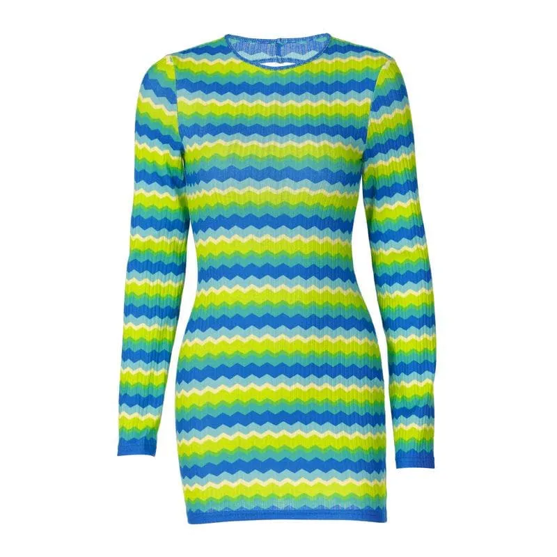 BerryBetty - Backless self tie contrast striped long sleeve crewneck mini dress
