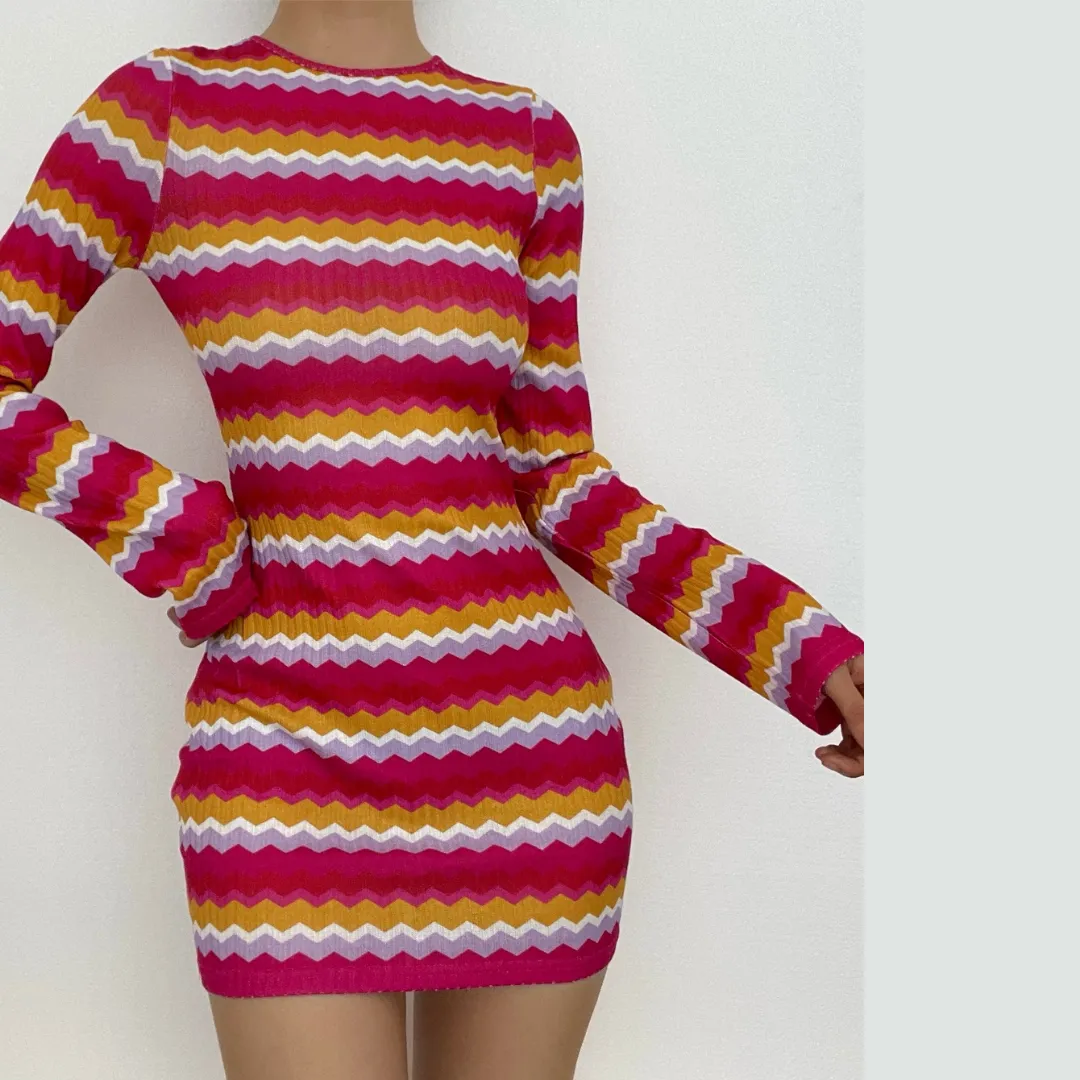 BerryBetty - Backless self tie contrast striped long sleeve crewneck mini dress