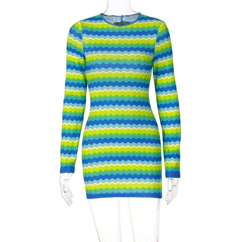 BerryBetty - Backless self tie contrast striped long sleeve crewneck mini dress
