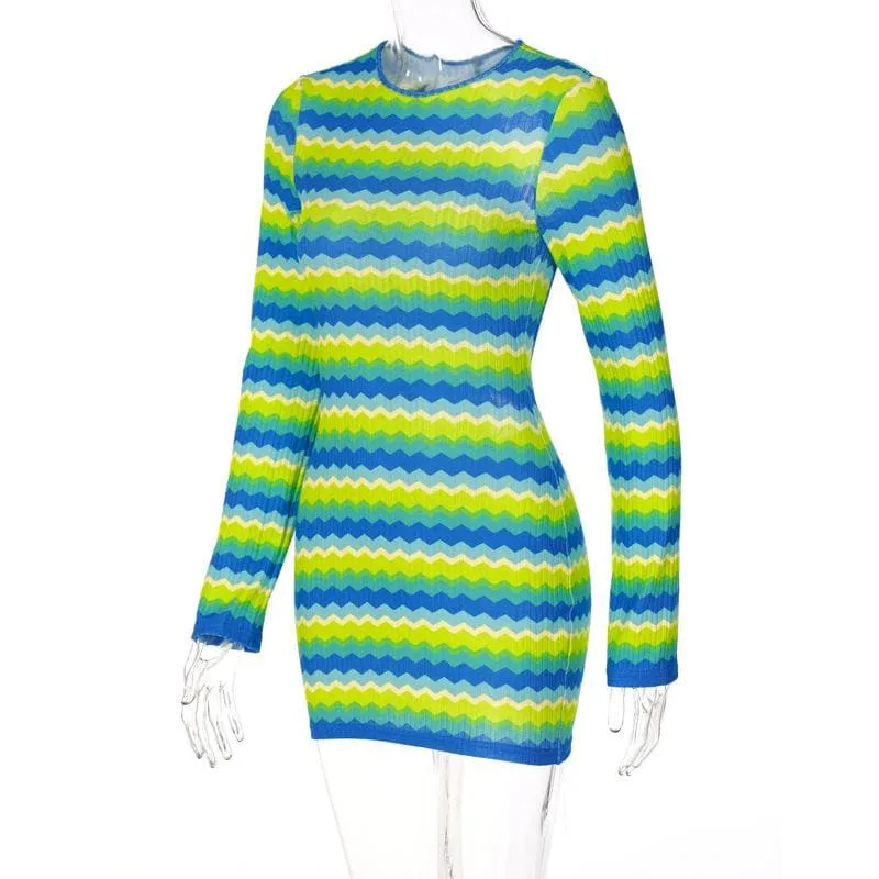 BerryBetty - Backless self tie contrast striped long sleeve crewneck mini dress