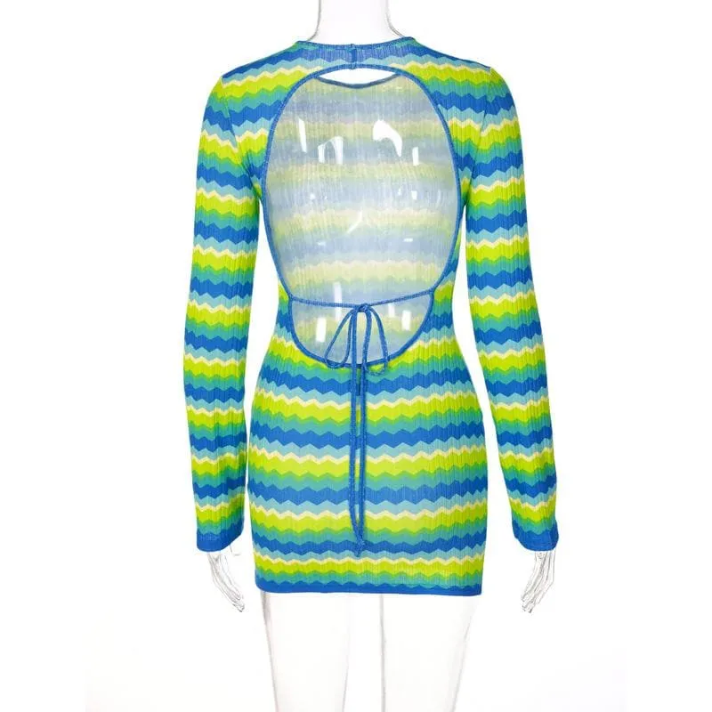 BerryBetty - Backless self tie contrast striped long sleeve crewneck mini dress