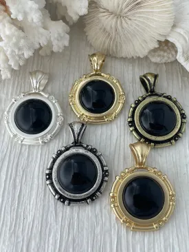 Black Agate Stone Pendant with Bezel, Natural Stone Cabochon, in a variety of patterns,5 bezel colors, Natural Stone Pendant, Fast Ship.