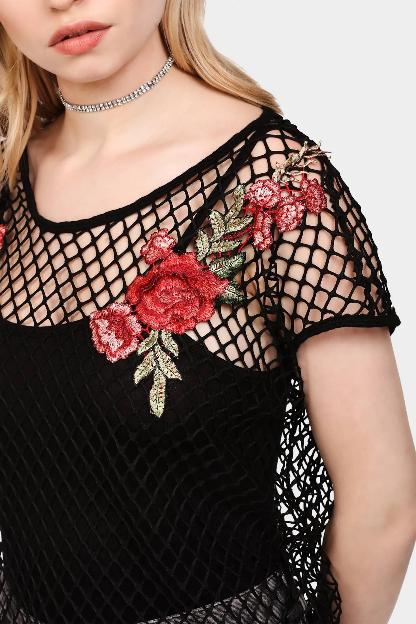 Black Fishnet Embroidered Top