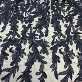 Black Tulle with Beads and Floral Design Embroidered Fabric