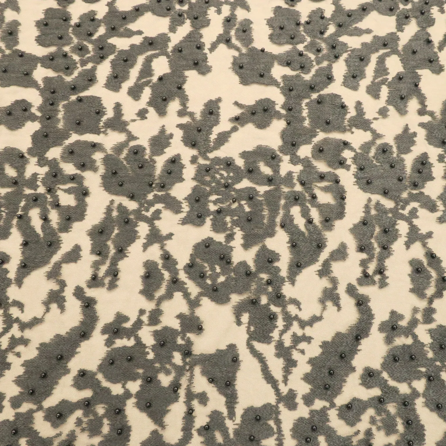 Black Tulle with Black Pearls Abstract Embroidery Fabric