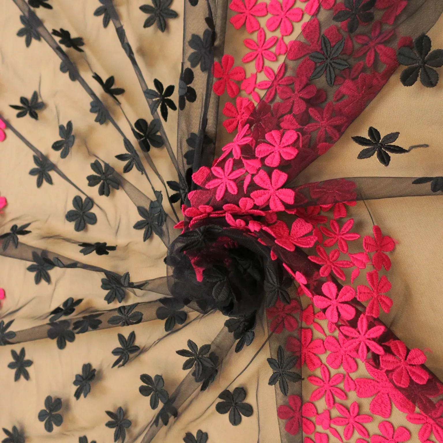 Black Tulle with Fuchsia and Black Floral Embroidery Fabric