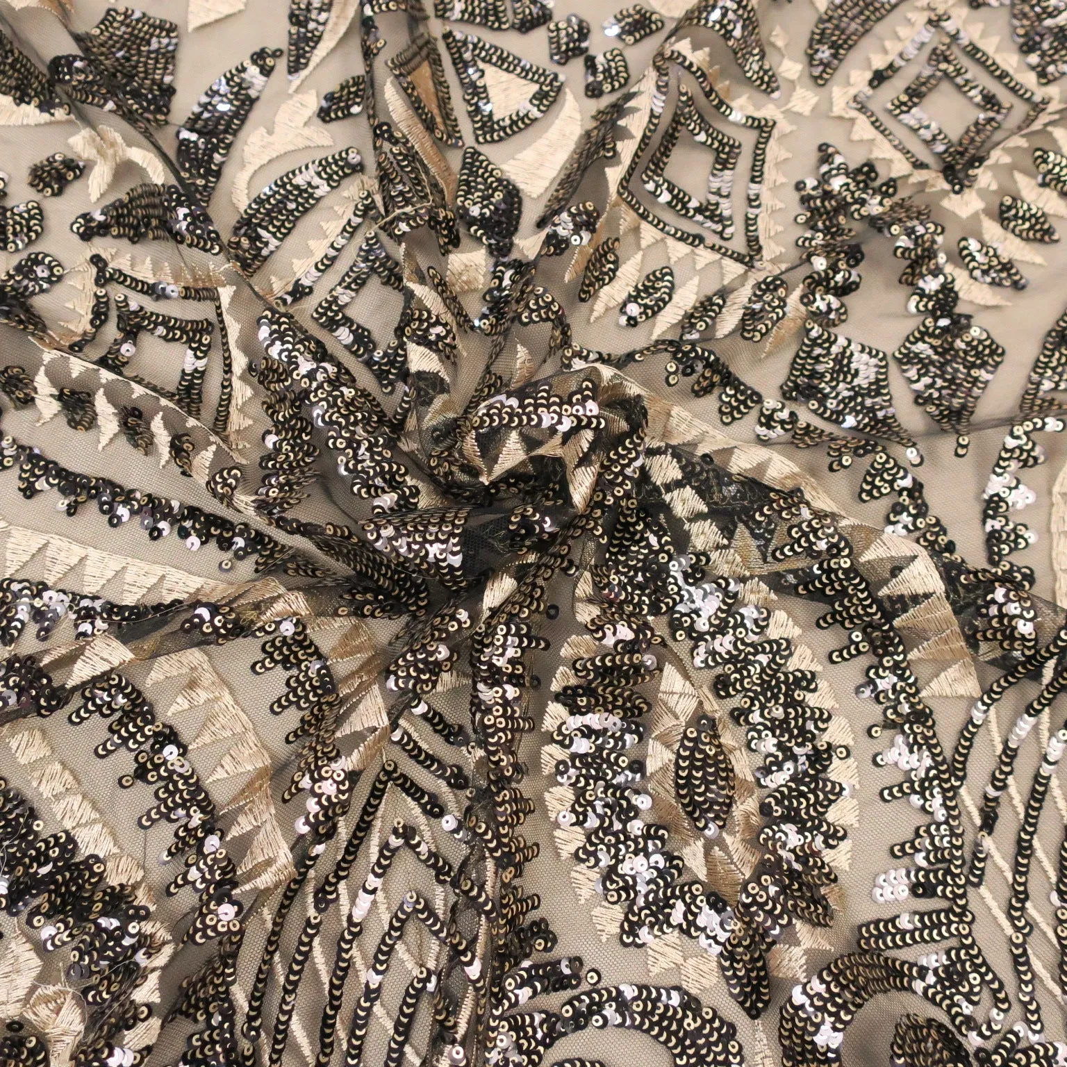 Black Tulle with Gold Sequins Tribal Embroidered Fabric