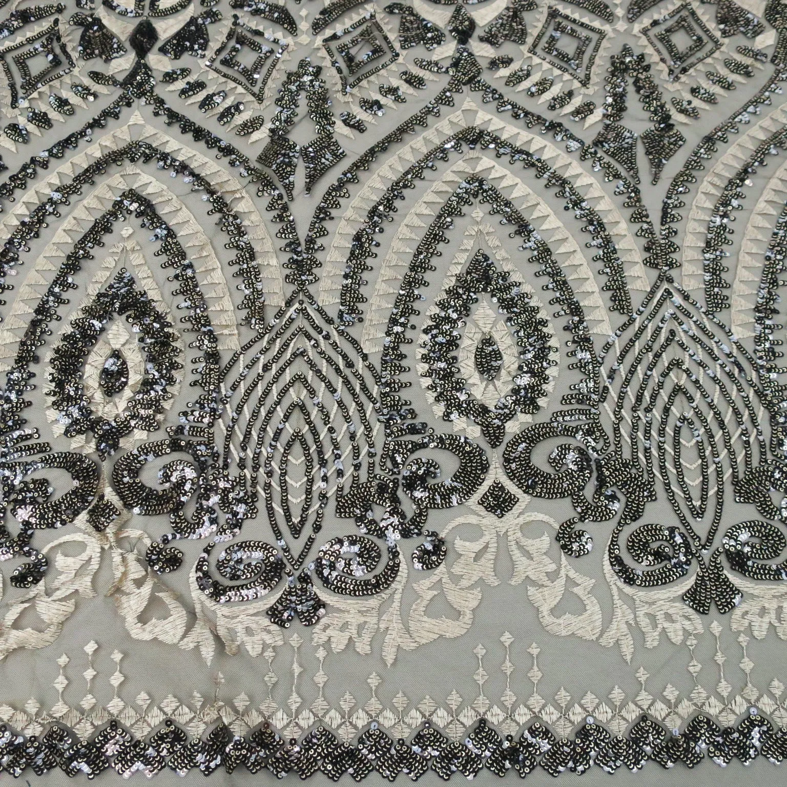 Black Tulle with Gold Sequins Tribal Embroidered Fabric