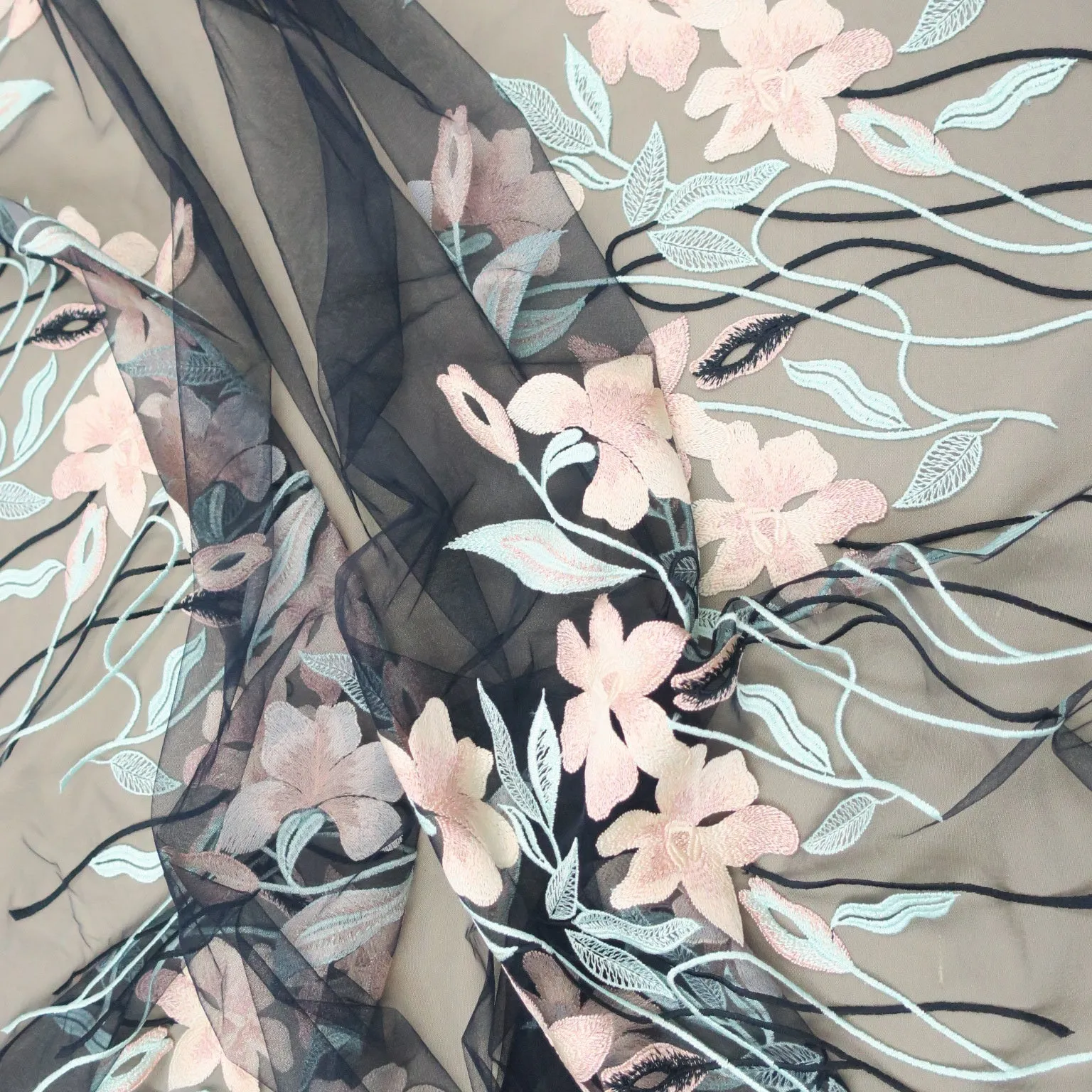 Black Tulle with Multicolored Floral Embroidered Fabric