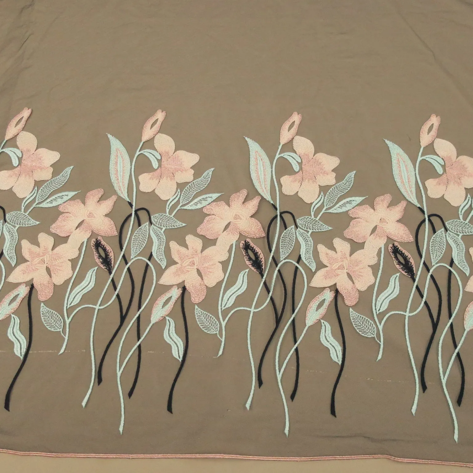 Black Tulle with Multicolored Floral Embroidered Fabric